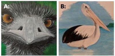 Animal paintings by Sandra Burns ART - "Eddie The Emu" and "River Pelican"