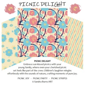 PICNIC DELIGHT collection by Sandra Burns ART - blue pink yellow designs - Embrace sun-kissed picnics with your young family, where even your cherished picnic set feels like part of the crew. Children's laughter mingles effortlessly with the sounds of nature, crafting moments of pure joy. Every picnic is a celebration of love, laughter, and the warmth of togetherness. - art available for licensing