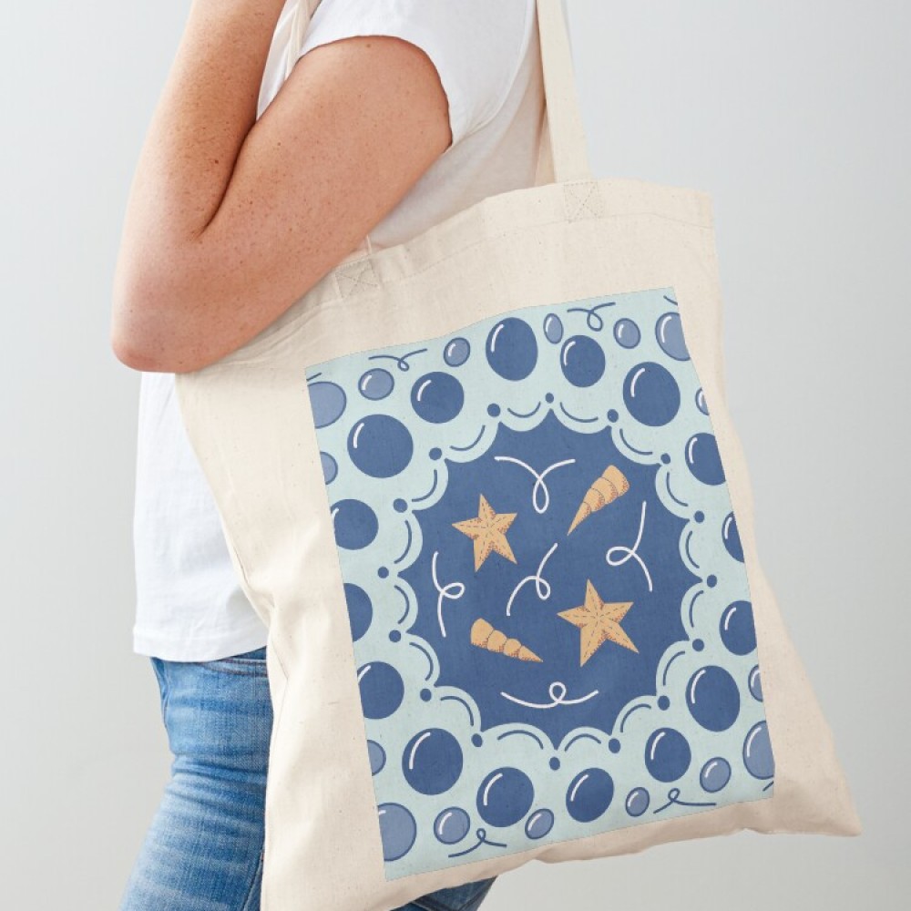 STARS AND SHELLS - Sandra Burns ART - nature art, fun beach art, starfish bubbles shells, blue beige, memories of summer - nature art for sale, original digital drawing reproduced on cotton tote bag