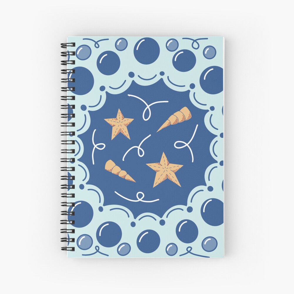 STARS AND SHELLS - Sandra Burns ART - nature art, fun beach art, starfish bubbles shells, blue beige, memories of summer - nature art for sale, original digital drawing reproduced on notebook cover