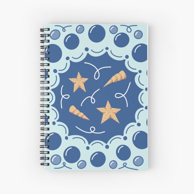 STARS AND SHELLS - Sandra Burns ART - nature art, fun beach art, starfish bubbles shells, blue beige, memories of summer - nature art for sale, original digital drawing reproduced on notebook cover