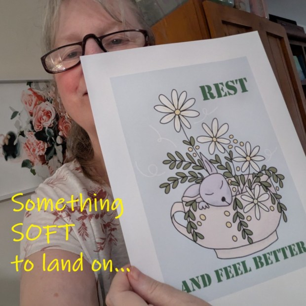 Rest and Feel Better downloadable print-at-home art print, with a sleepy kangaroo joey in a teacup garden - artwork by Sandra Burns ART